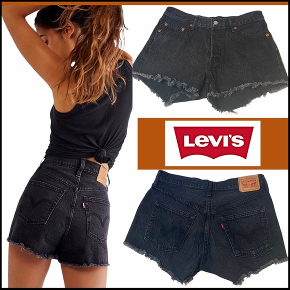 BLACK 501 LEVIS HIGH-RISE CUT-OFF SHORTS Sz 28 - Picture 2 of 13